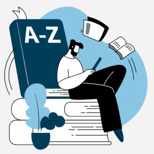 a cartoon man reading a book while sitting on a giant book that says A-Z on it